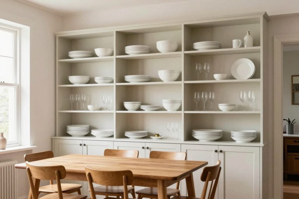 A small dining area with built-in wall shelving displaying dishes and glassware