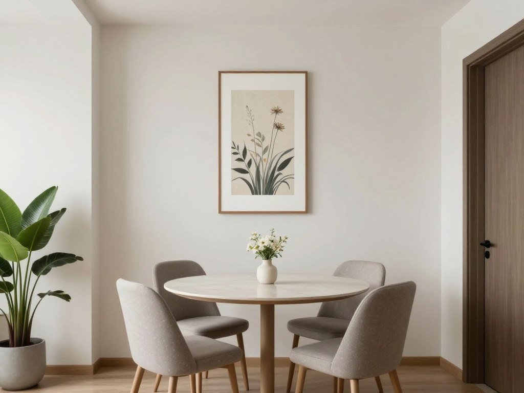 A small dining area with vertical wall art and minimal table decor