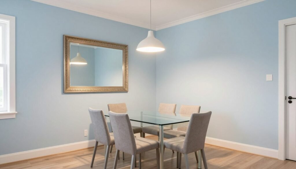 A small dining room with light-colored walls, a large mirror, and strategic lighting that makes the space feel larger