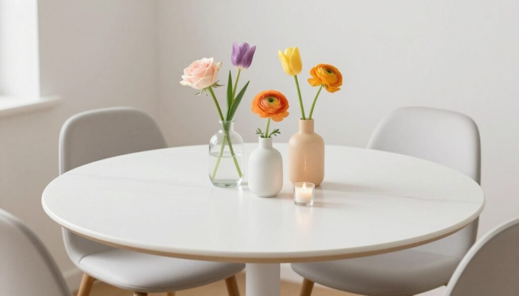 A small dining table with a space-conscious centerpiece featuring a cluster of bud vases with single stems A small dining table with a space-conscious centerpiece featuring a cluster of bud vases with single stems
