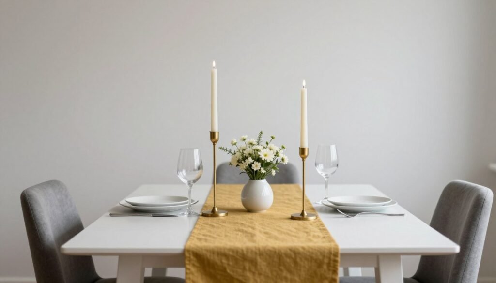 A small dining table with minimal, height-focused decor including slim candlesticks and a low centerpiece