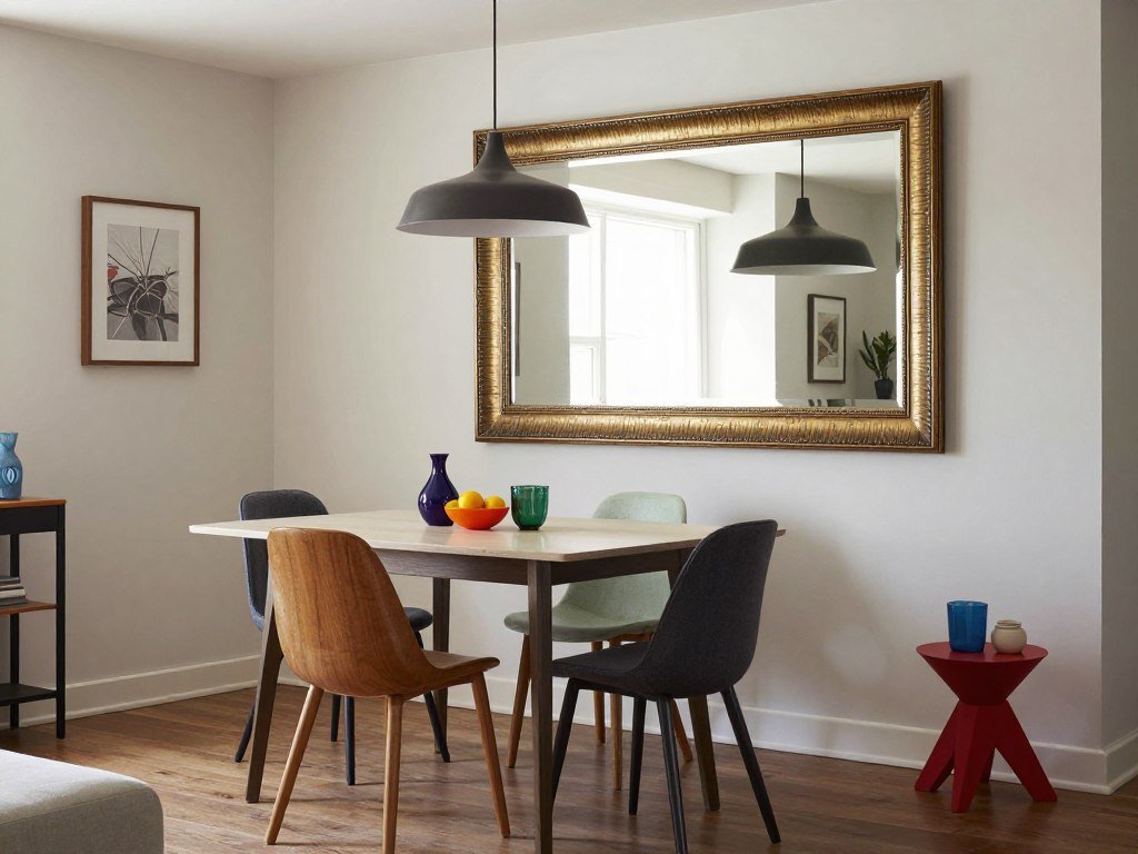 A small eclectic dining area with a mirror that visually expands the space