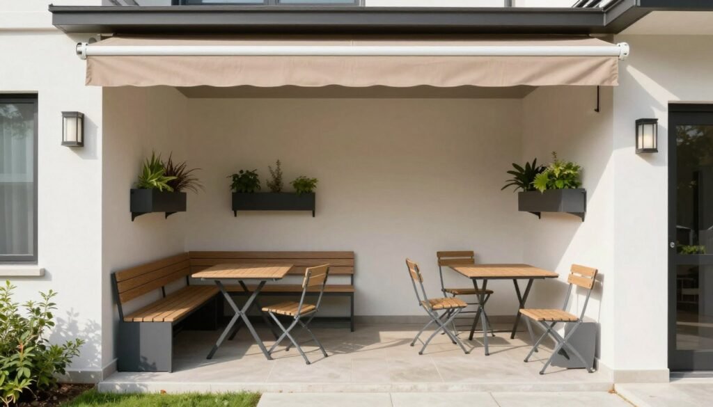 A small front patio with a retractable awning, multi-functional furniture, and clever storage solutions