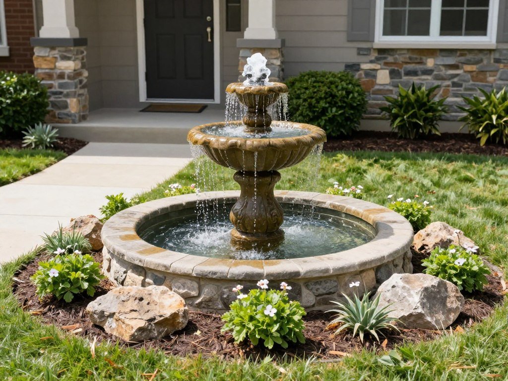A small front yard with a compact bubbling fountain as a focal point