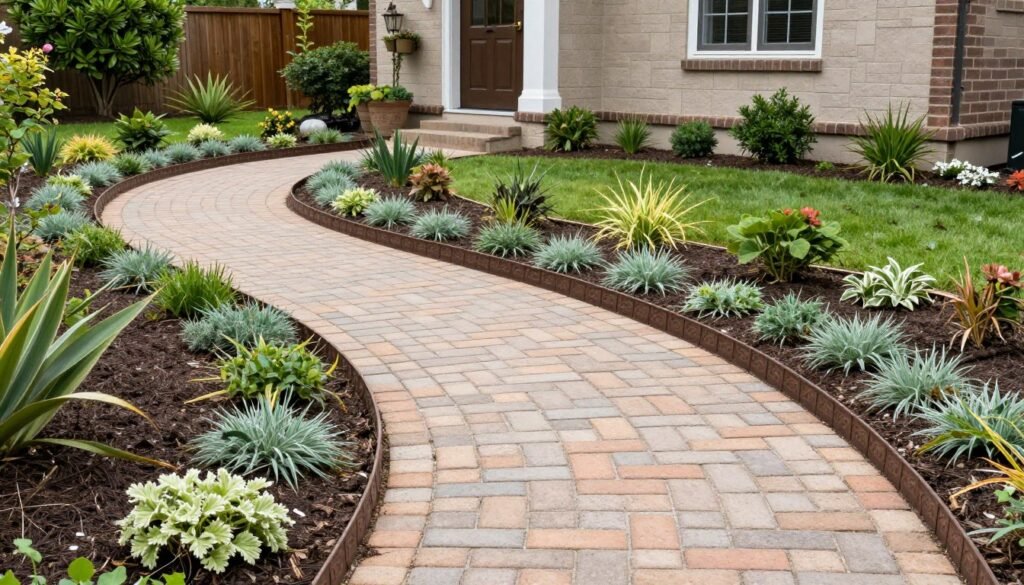 A small front yard with a curved pathway and decorative edging