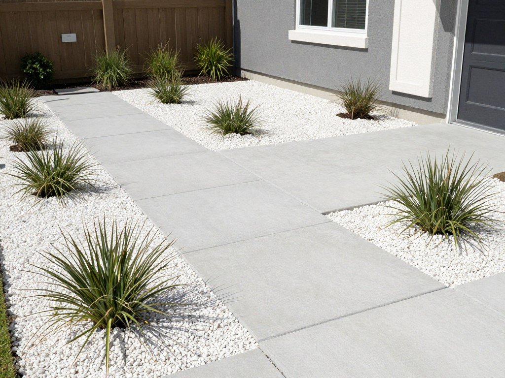 A small front yard with decorative gravel and large concrete pavers
