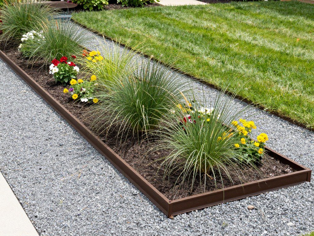 A small front yard with decorative metal edging separating planting beds
