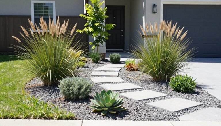 A small front yard with drought-tolerant plants and decorative gravel