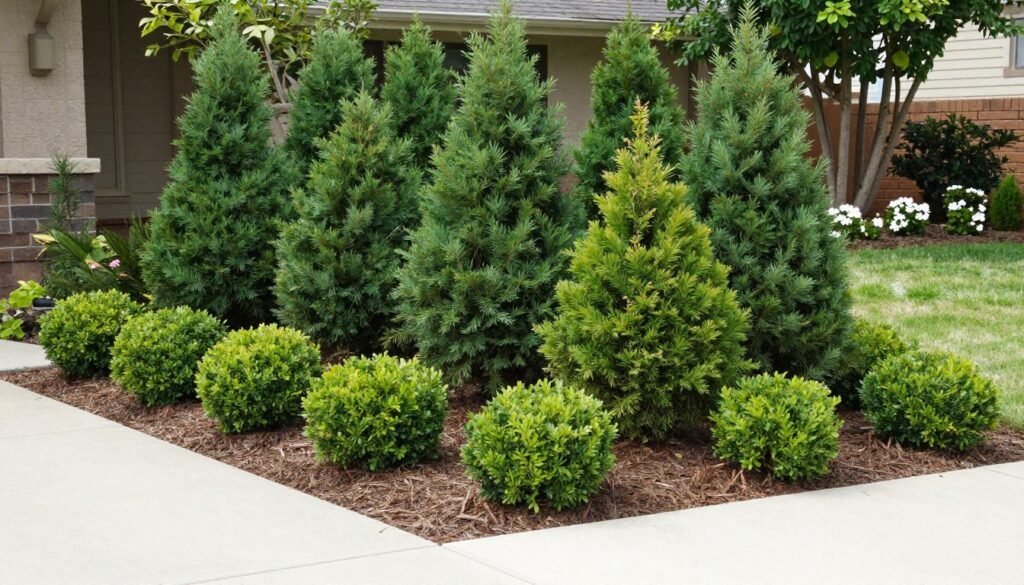 A small front yard with evergreen foundation plantings providing year-round structure and minimal maintenance