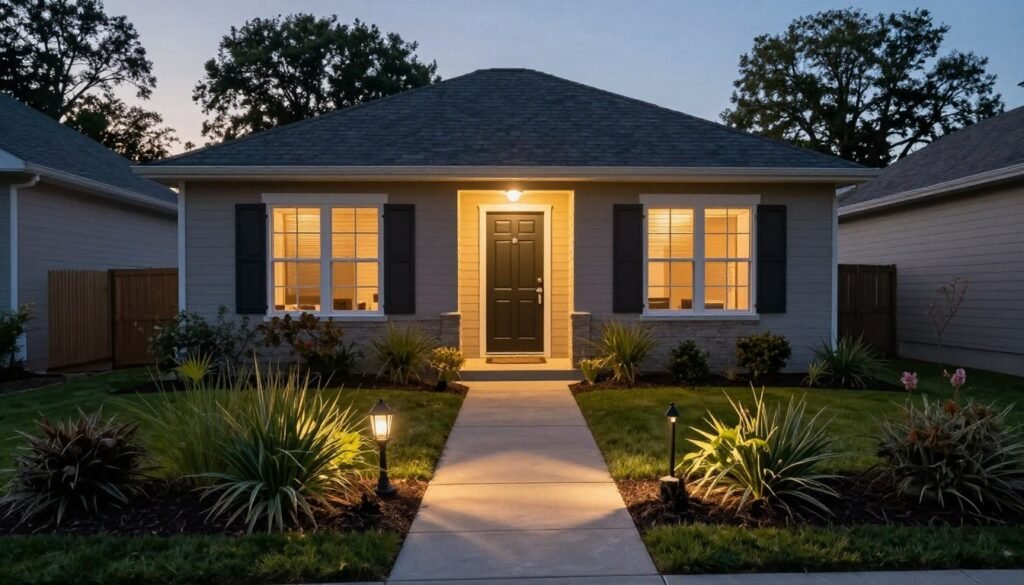 A small front yard with path lighting illuminating a walkway at dusk