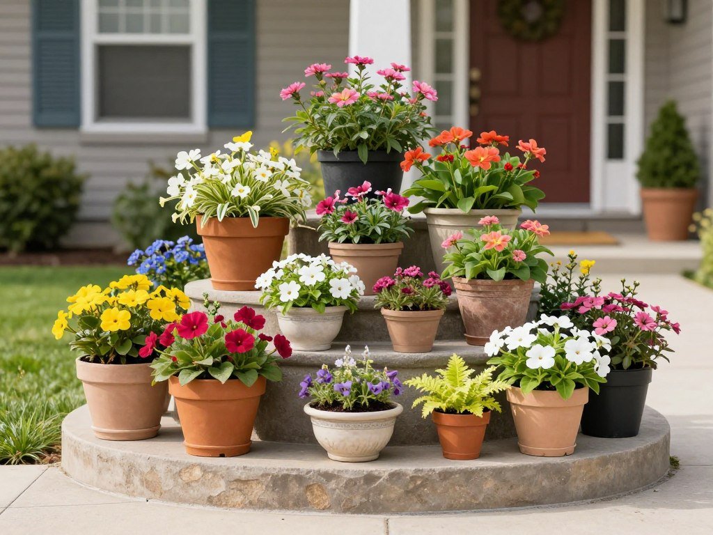 A small front yard with tiered container gardens on steps