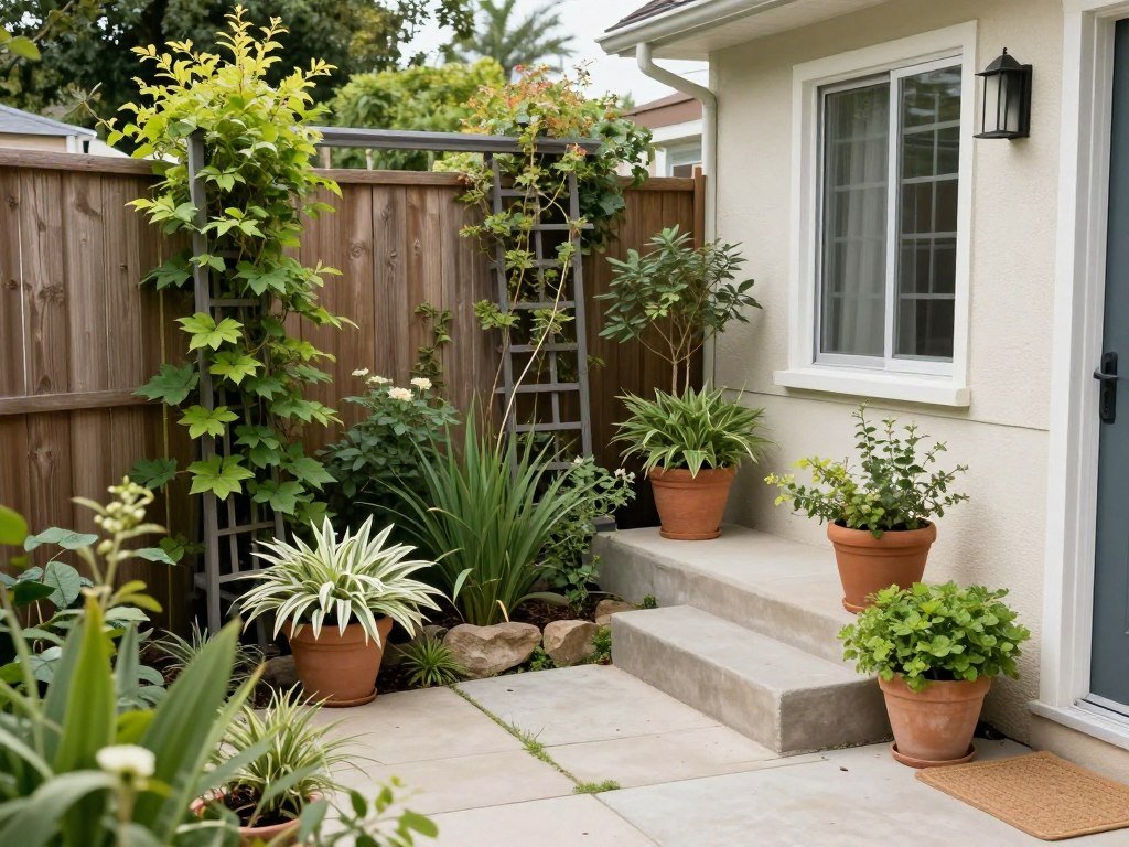 A small front yard with vertical elements and container gardens maximizing limited space