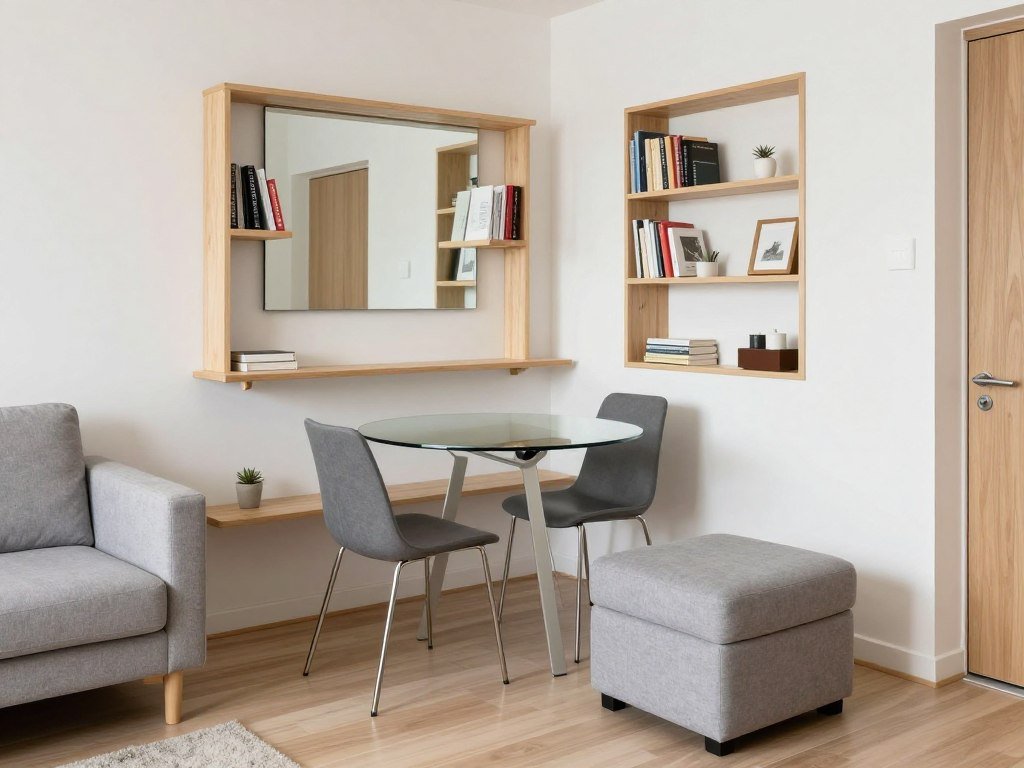 A small living room dining room combo in an apartment featuring space-saving furniture, including a round dining table, compact sofa, and wall-mounted storage to maximize floor space