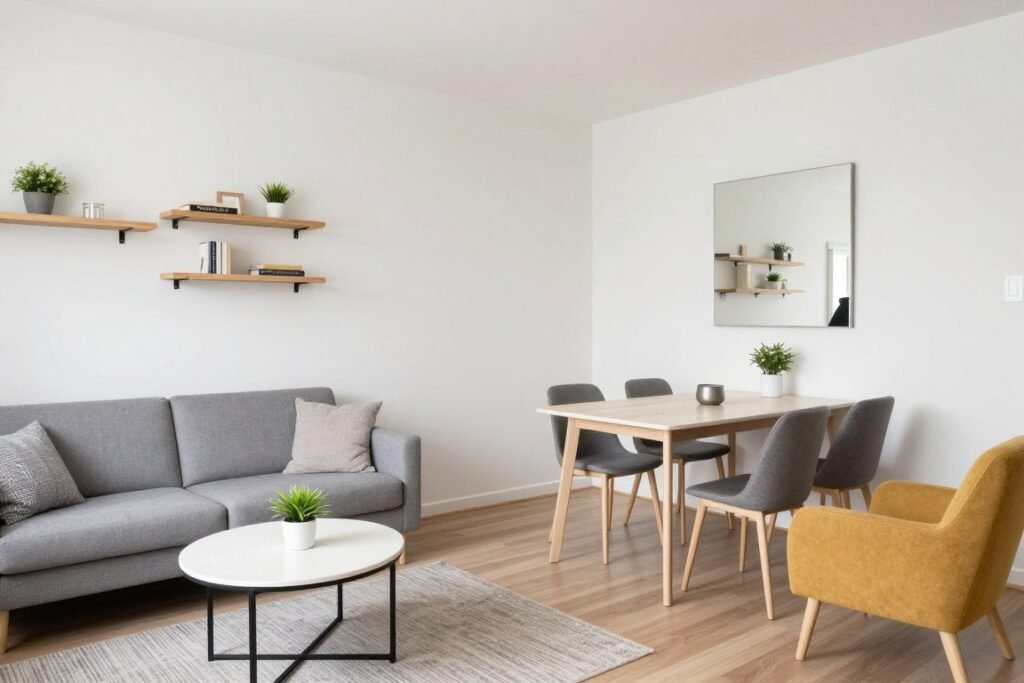 A small living room dining room combo with a clever layout featuring a dining table positioned against a wall with a bench, and a compact living area with strategically placed furniture