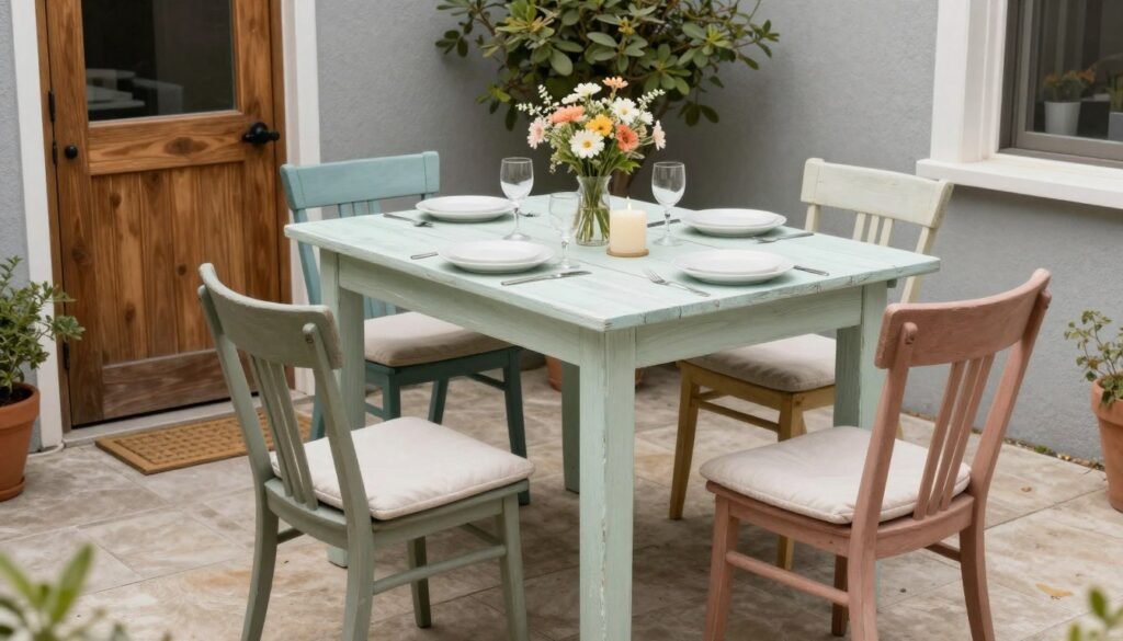 A small patio dining area with a DIY table made from repurposed materials and mix-and-match seating