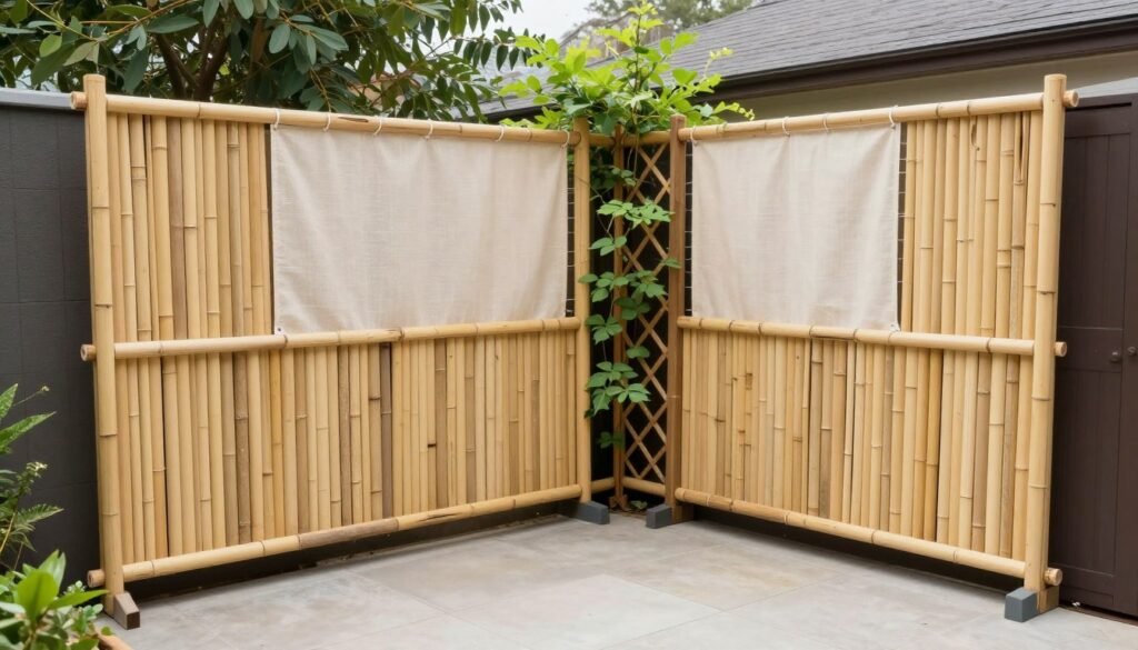 A small patio with DIY privacy screens made from bamboo and fabric, with climbing plants for additional screening