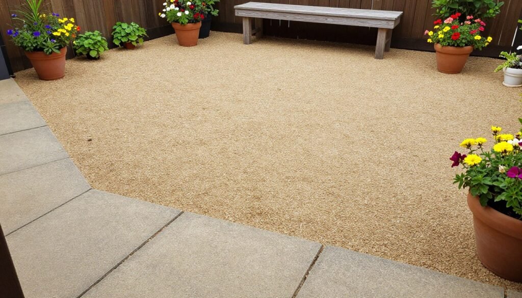 A small patio with gravel flooring bordered by large pavers, with potted plants adding color