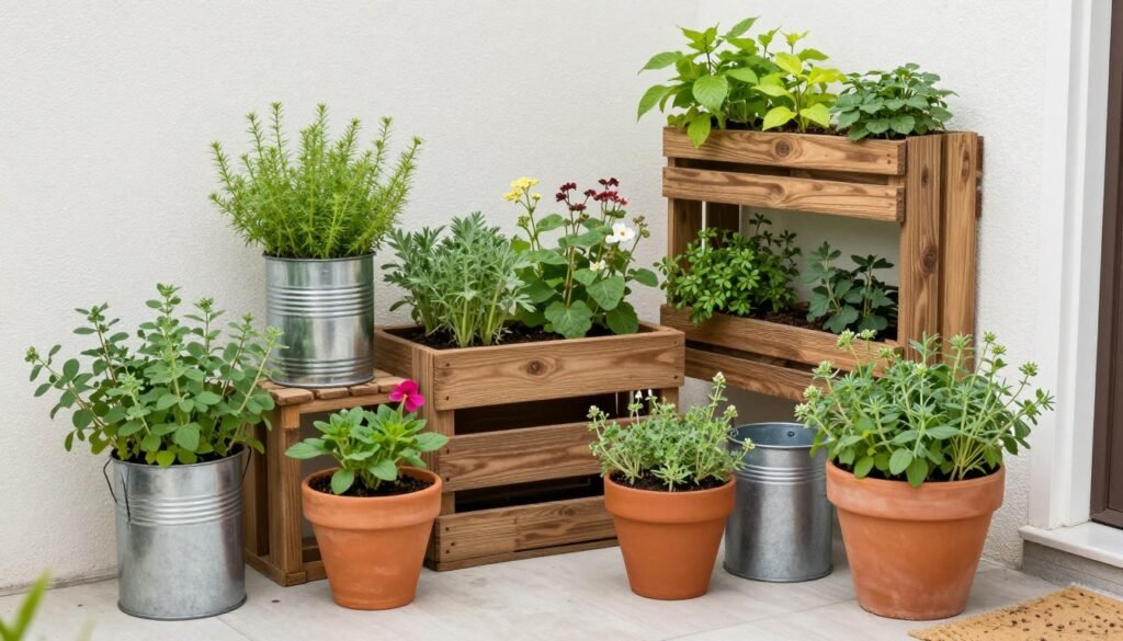 A small patio with various budget-friendly container gardens, including herbs, flowers, and a vertical plant wall