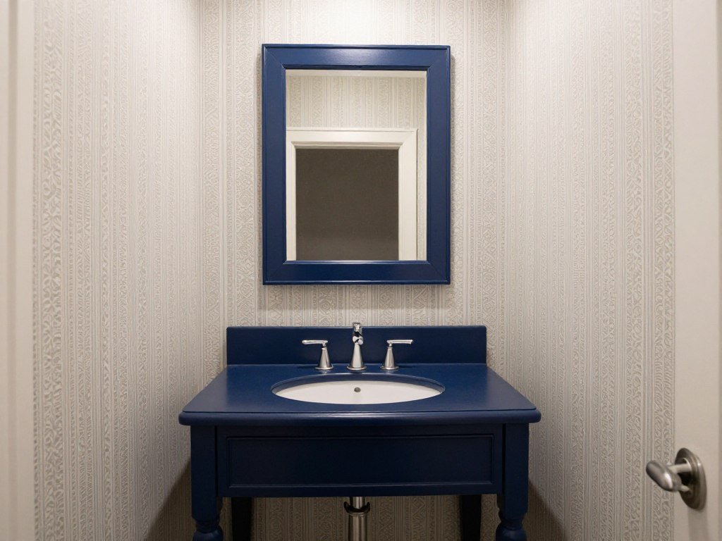 A small powder room with a compact navy blue vanity, statement mirror, and patterned wallpaper, demonstrating how a blue vanity can make a bold impact in a tiny space