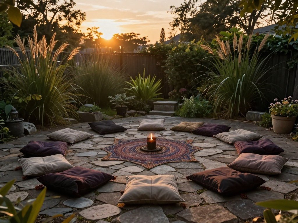 A small stone circle with cushions arranged for ritual work in a witchy backyard at sunset
