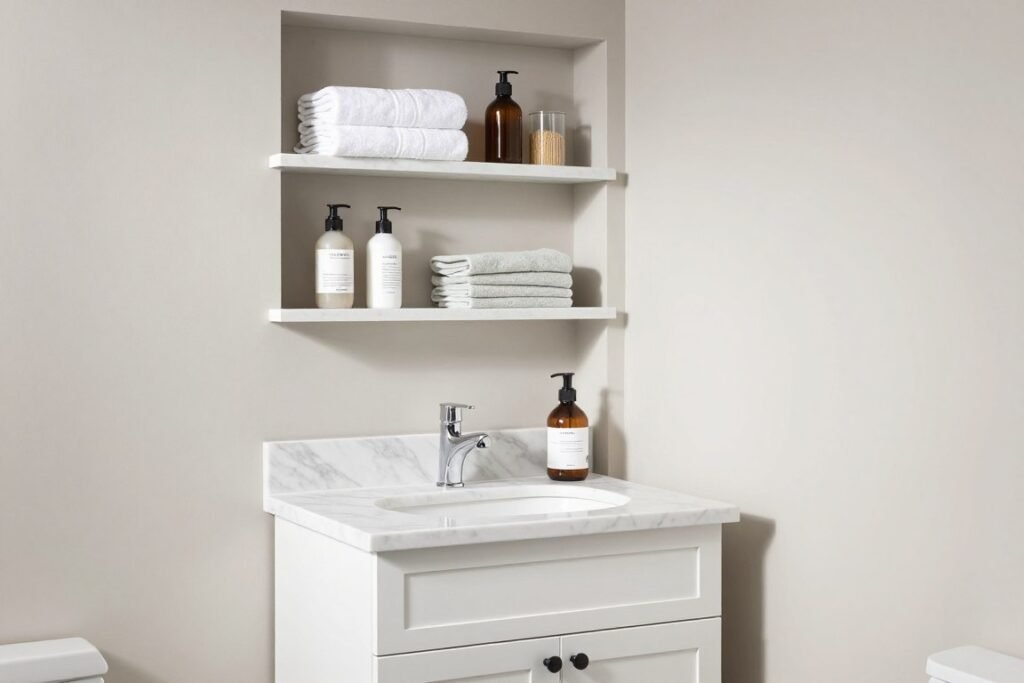 A small vanity with built-in wall niches for additional storage