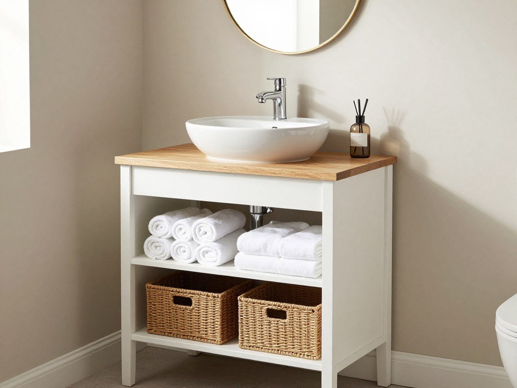 A small vanity with open shelving for accessible storage and visual spaciousness