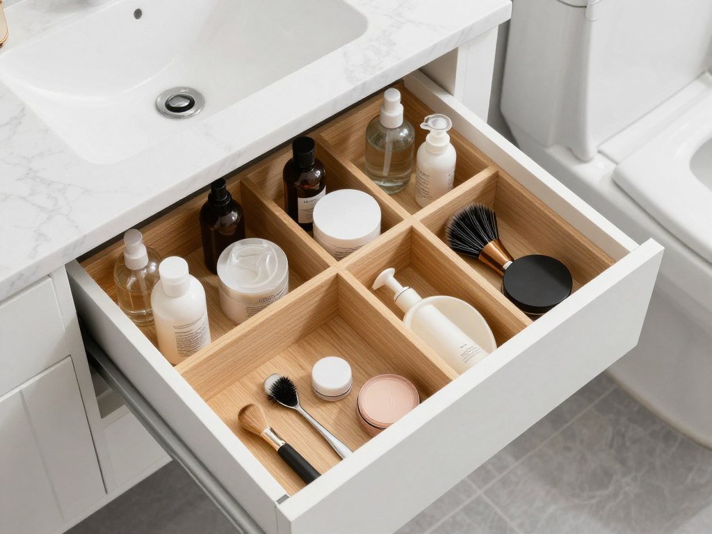 A small vanity with organized drawers for maximum storage efficiency
