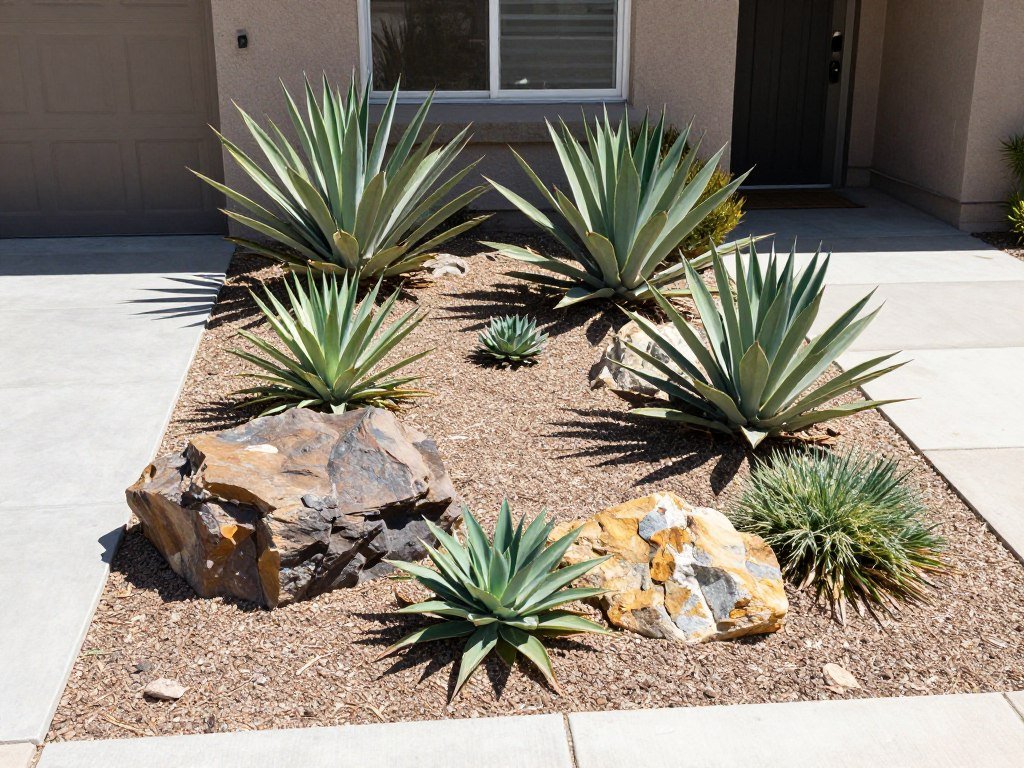 A small xeriscape front yard with succulents and decorative rocks
