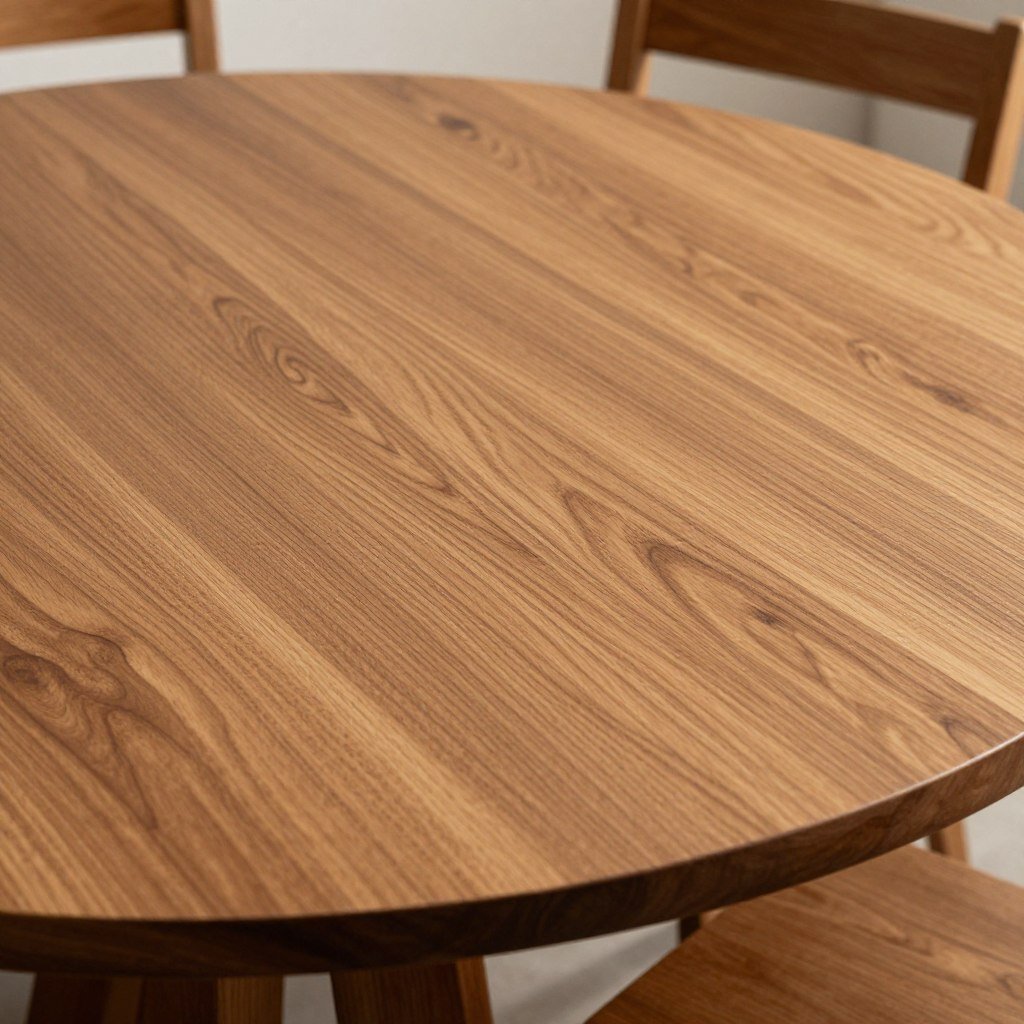 A solid wood round dining table with matching chairs in a warm-toned finish