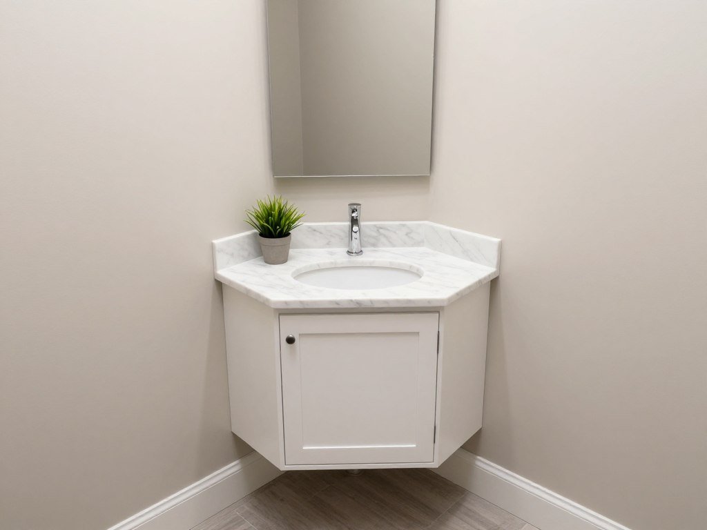 A space-saving corner small vanity with triangular cabinet design