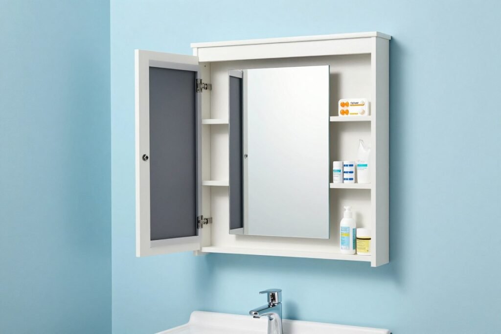 A space-saving mirror with hidden storage for small vanity setups