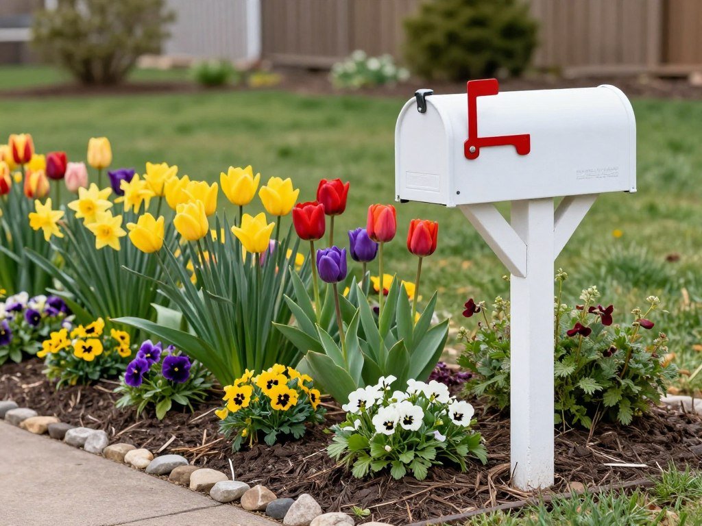 A spring mailbox garden featuring colorful tulips, daffodils and early-blooming perennials creating a cheerful welcome