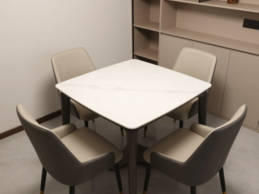 A square modern dining table in a compact dining area