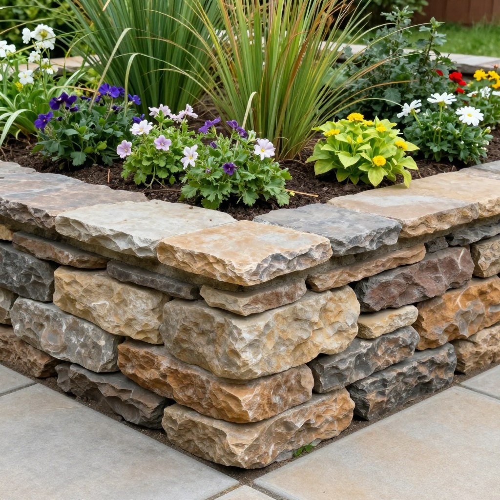 A stacked stone edging creating a raised garden bed with flowering plants