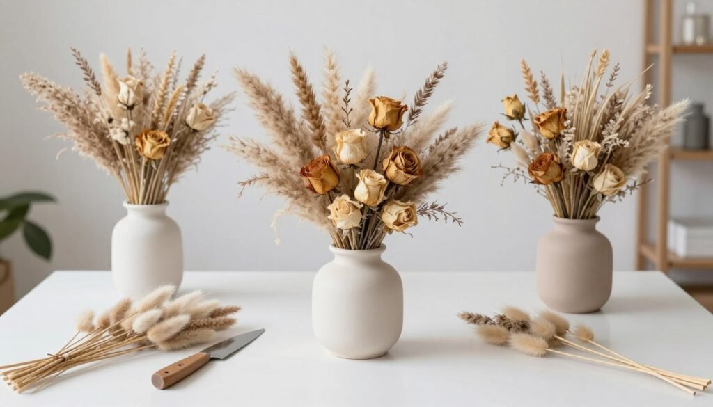 A step-by-step display of creating a dried flower centerpiece with pampas grass, dried roses, and bunny tails in a ceramic vase