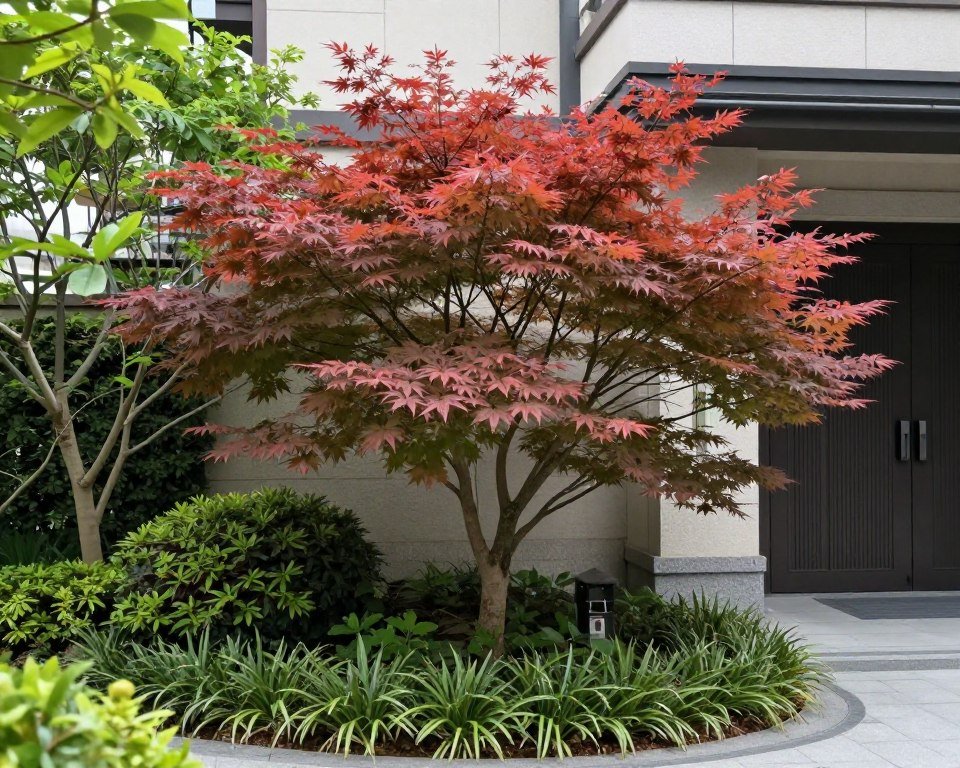 A striking ornamental tree serving as a focal point in a front entry landscape, with complementary plantings around it