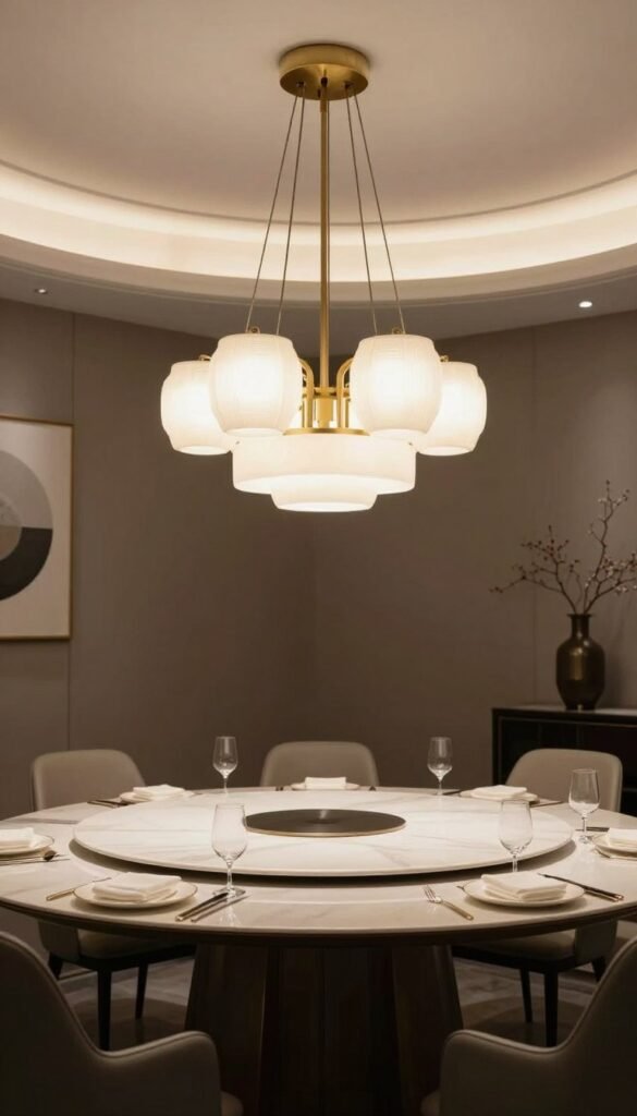 A stunning pendant light hanging above a round dining table, creating a focal point