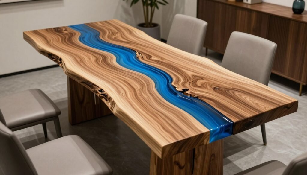 A stunning river-style live edge dining table with blue epoxy resin filling the natural void in the wood