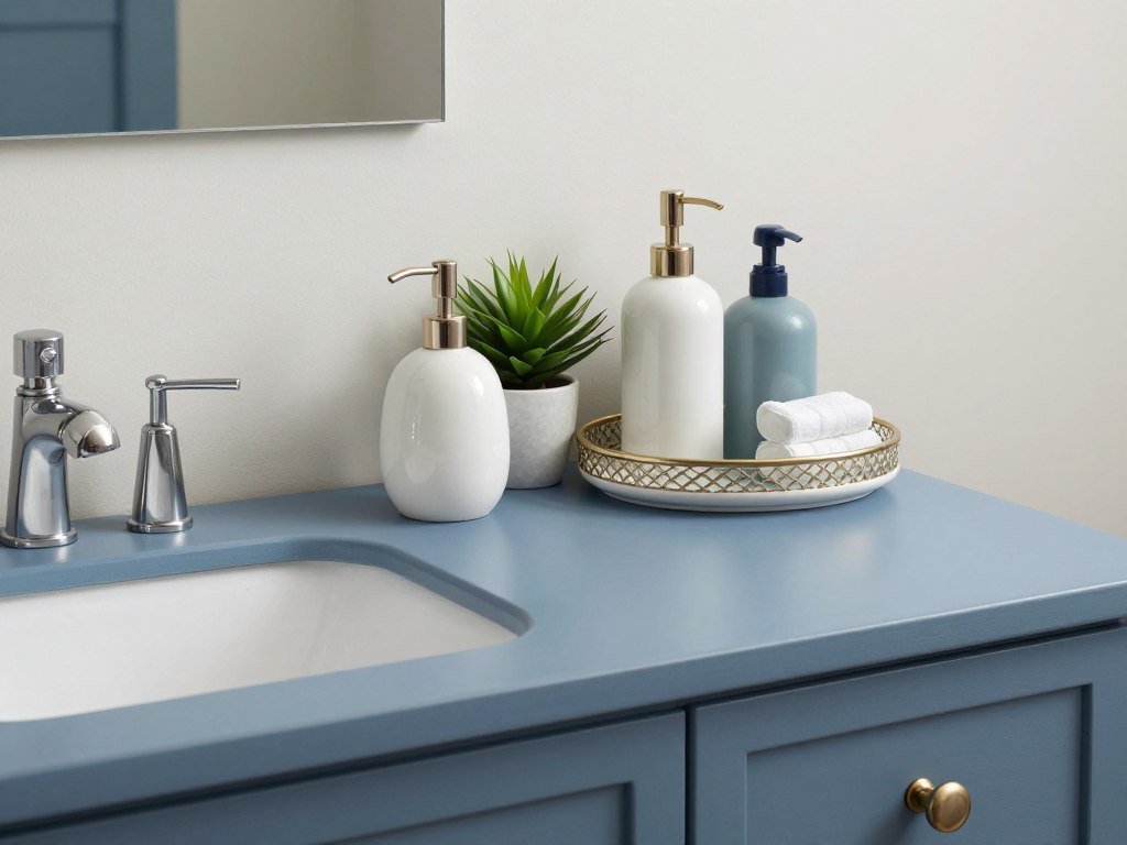 A styled blue bathroom vanity with carefully selected accessories including a ceramic soap dispenser, small plant, and decorative tray organizing toiletries