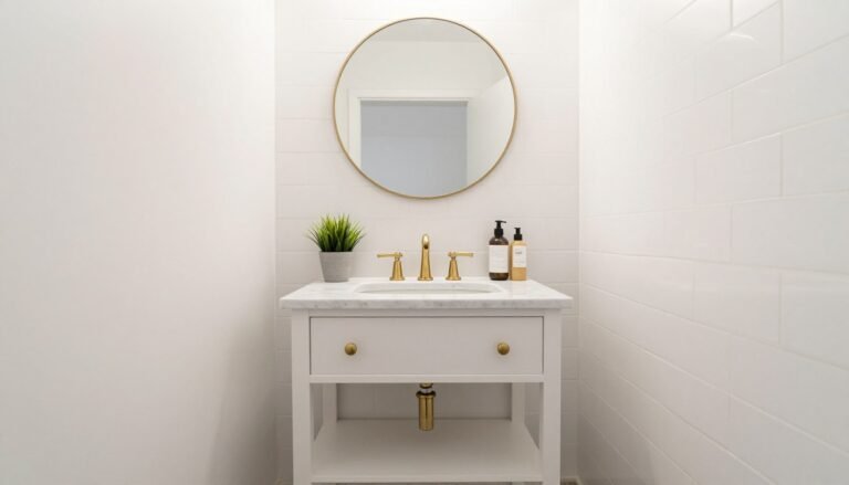 A stylish small bathroom vanity in a compact space with elegant fixtures and smart storage solutions