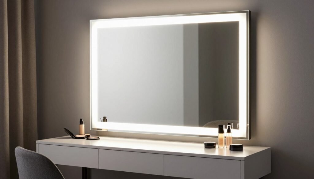 A stylish vanity setup with a large illuminated mirror, showing proper lighting and proportions