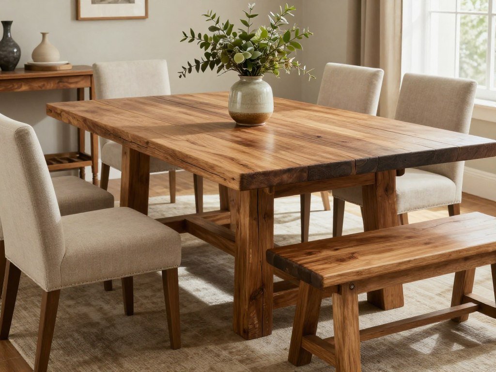 A substantial wooden farmhouse dining table with mixed seating A substantial wooden farmhouse dining table with mixed seating