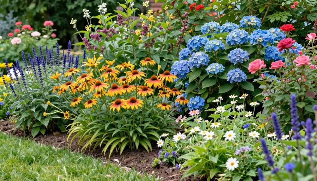 A summer front yard landscape with vibrant perennials and flowering shrubs in full bloom