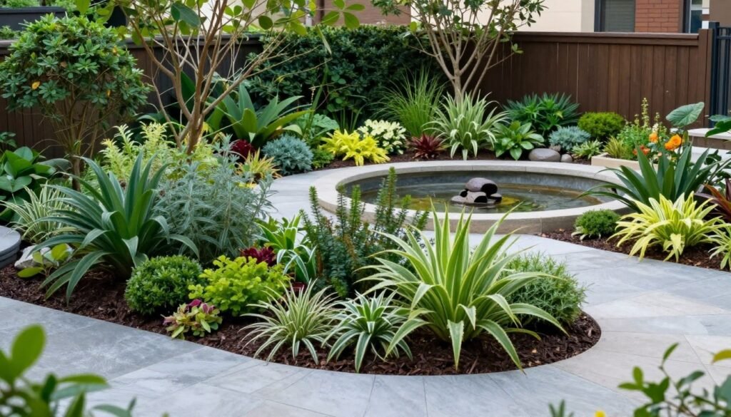 A sustainable landscape featuring native plants, rain garden, and permeable surfaces that support local wildlife and conserve water