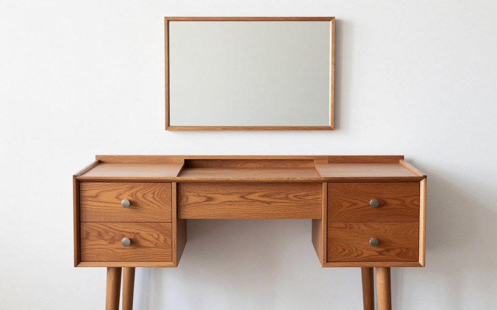 A teak Mid-Century Modern vanity with clean lines, tapered legs, and minimalist design