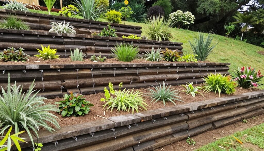 A terraced garden with railroad tie retaining walls holding back soil on a sloped yard A terraced garden with railroad tie retaining walls holding back soil on a sloped yard