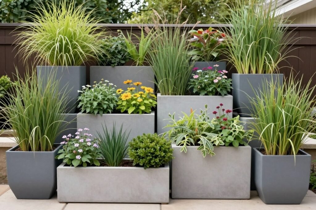 A tiered arrangement of various sized planters creating a privacy screen with mixed plants
