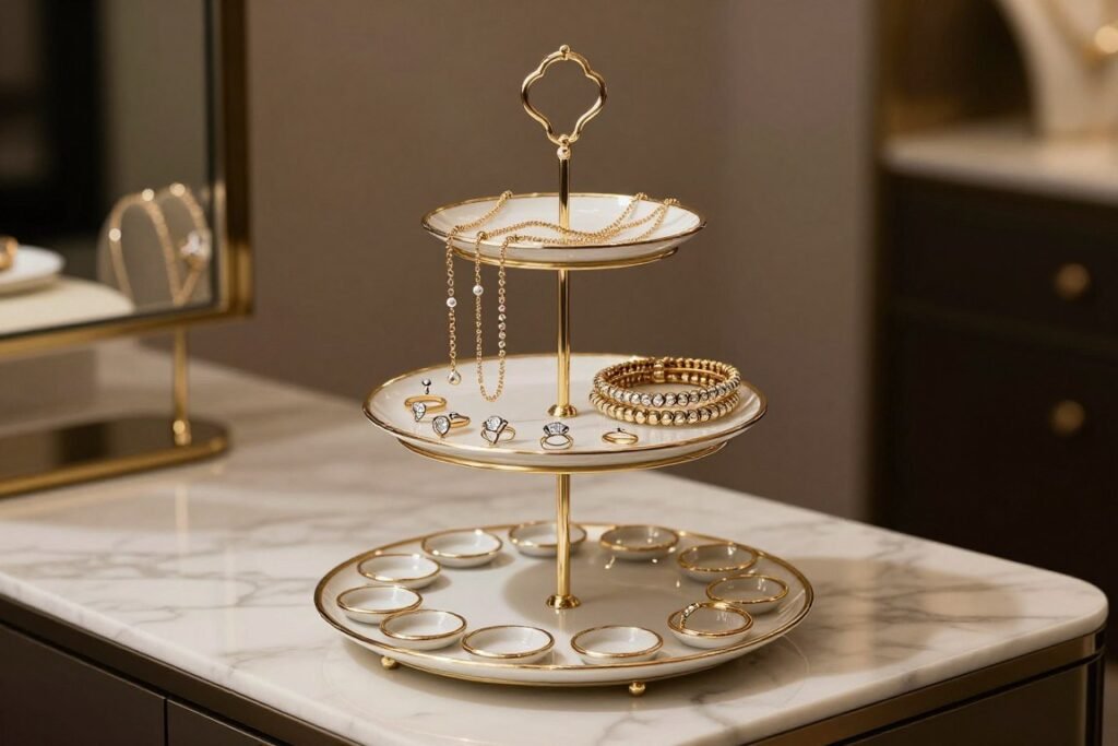 A tiered jewelry stand displaying necklaces, bracelets and rings on a vanity surface