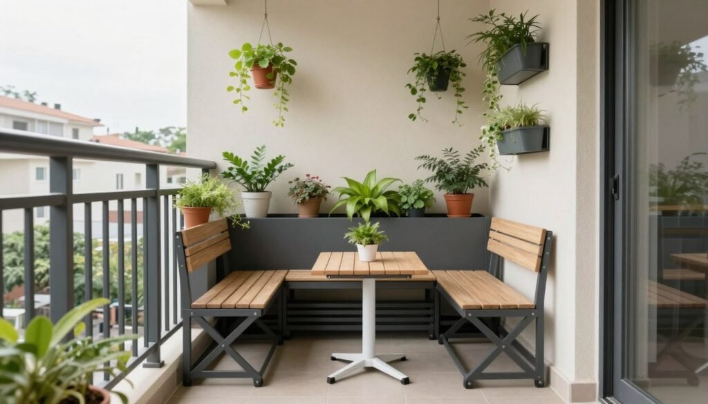 A tiny balcony or small patio space maximized with vertical elements, folding furniture, and strategic decor