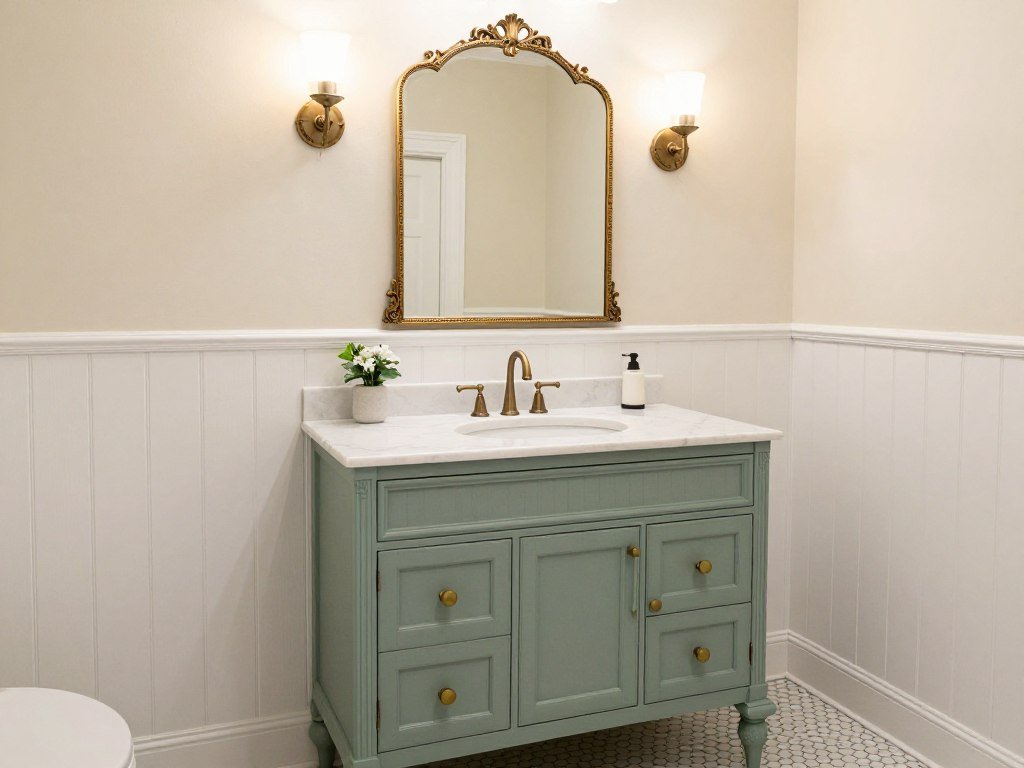 A traditional bathroom with a sage green vanity featuring detailed cabinet doors and classic hardware